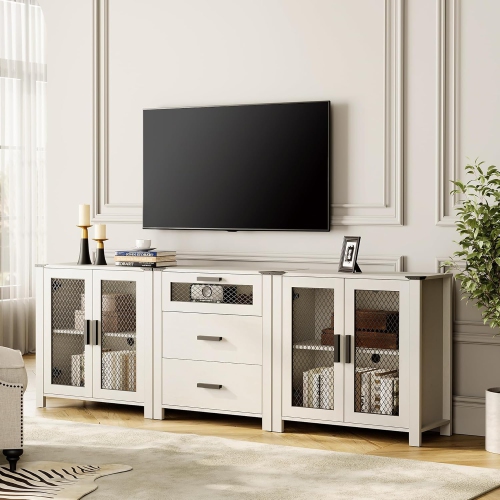 WAMPAT TV Stand Set with Drawers for ups to 85 inch TV, Media TV Console Table with 4 Mesh Door for Dining, Living and Bed Room, Antique White