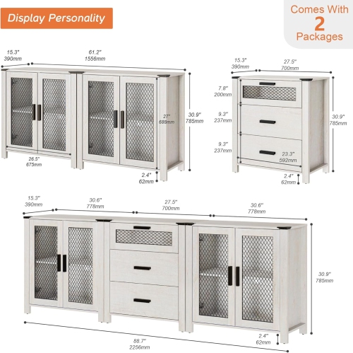 WAMPAT TV Stand Set with Drawers for ups to 85 inch TV, Media TV Console Table with 4 Mesh Door for Dining, Living and Bed Room, Antique White
