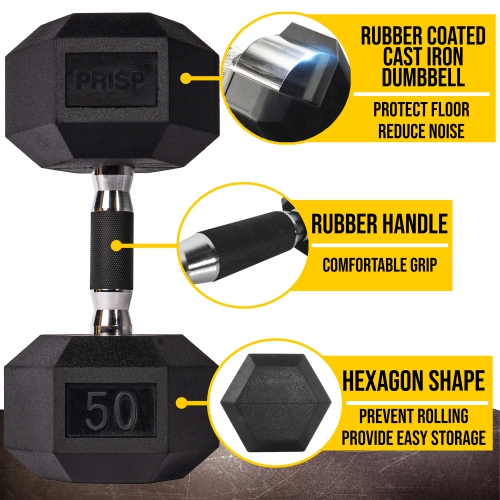 Haltères hexagonaux recouverts de caoutchouc PRISP - poids à main en fonte pour gym à domicile, exercice et mise en forme avec prise en caoutchouc;