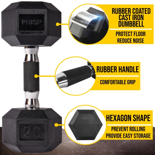 Haltères hexagonaux recouverts de caoutchouc PRISP - poids à main en fonte pour gym à domicile, exercice et mise en forme avec prise en caoutchouc;