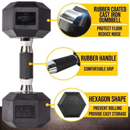 PRISP Rubber Encased Hex Dumbbell - Cast Iron Hand Weight for Home Gym, Exercise and Fitness with Rubber Grip; Sold Individually