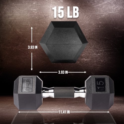 PRISP Rubber Encased Hex Dumbbell - Cast Iron Hand Weight for Home Gym, Exercise and Fitness with Rubber Grip; Sold Individually