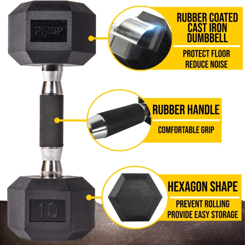 PRISP Rubber Encased Hex Dumbbell - Cast Iron Hand Weight for Home Gym, Exercise and Fitness with Rubber Grip; Sold Individually
