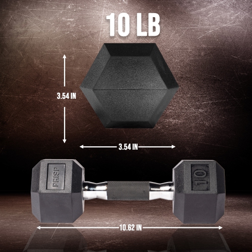 PRISP Rubber Encased Hex Dumbbell - Cast Iron Hand Weight for Home Gym, Exercise and Fitness with Rubber Grip; Sold Individually