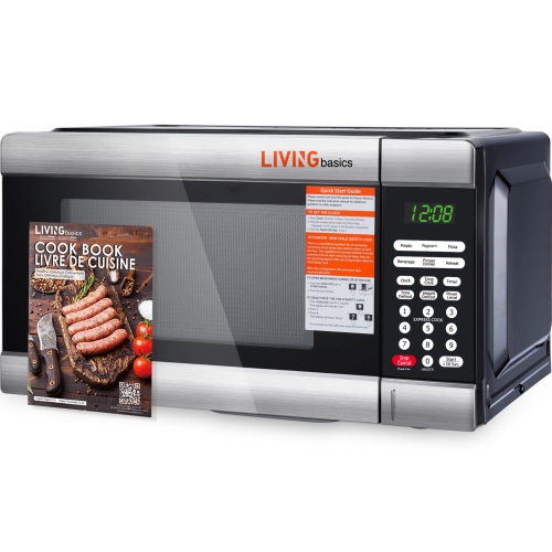 LIVINGbasics 1.1-Cu Ft Countertop Microwave Oven, 1000W, Built-in Inverter Technology with LED Lighting, Safety Lock, Glass Turntable