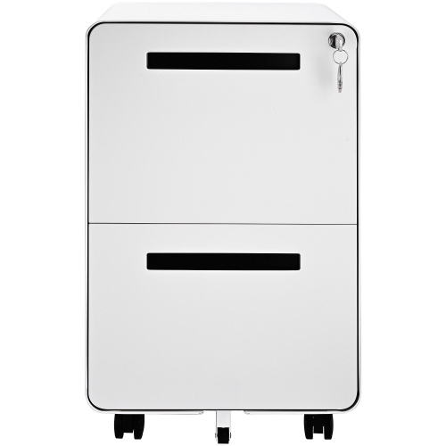 25.4" Deep 2-Drawer Filing Cabinet, Mobile Steel Pedestal File Cabinet with Lock and 5 Wheels, Round Edge, White