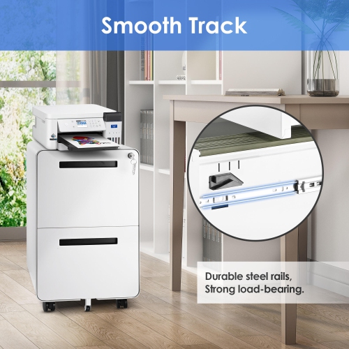 25.4" Deep 2-Drawer Filing Cabinet, Mobile Steel Pedestal File Cabinet with Lock and 5 Wheels, Round Edge, White