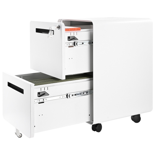 25.4" Deep 2-Drawer Filing Cabinet, Mobile Steel Pedestal File Cabinet with Lock and 5 Wheels, Round Edge, White