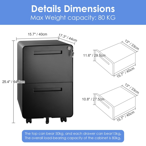 25.4" Deep 2-Drawer Filing Cabinet, Mobile Steel Pedestal File Cabinet with Lock and 5 Wheels, Round Edge, Black