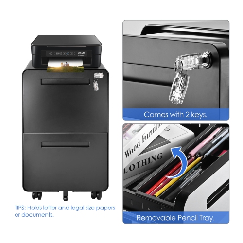 25.4" Deep 2-Drawer Filing Cabinet, Mobile Steel Pedestal File Cabinet with Lock and 5 Wheels, Round Edge, Black
