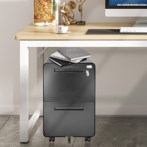 25.4" Deep 2-Drawer Filing Cabinet, Mobile Steel Pedestal File Cabinet with Lock and 5 Wheels, Round Edge, Black