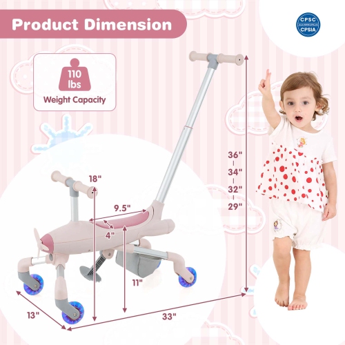 Costway 2-in-1 Kids Ride-on Push Car with LED Lighted Wheels Removable & Adjustable Handle