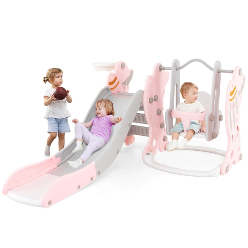 COSTWAY  Toddler Slide And Swing Set 4-In-1 Indoor Playground With Extended Slide & Swing