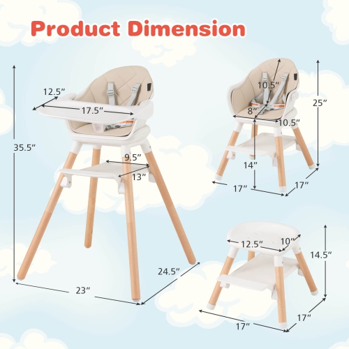 Costway 6-in-1 Convertible Wooden Baby Highchair Infant Feeding Chair with Removable Tray
