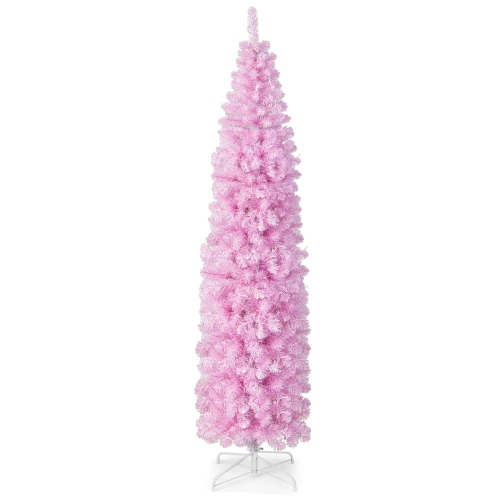 COSTWAY  7 Ft Pre-Lit Christmas Tree Hinged Pencil Xmas Decoration With 350 Led Lights Pink