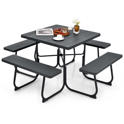 COSTWAY  Outdoor 8-Person Square Picnic Table Bench Set With 4 Benches & Umbrella Hole