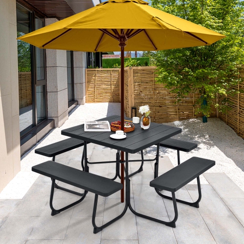 Costway Outdoor 8-person Square Picnic Table Bench Set with 4 Benches & Umbrella Hole
