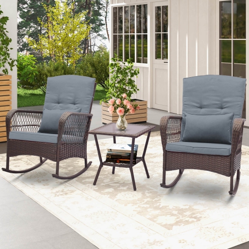 Costway 3 PCS Patio Rocker Set Outdoor Wicker Rocking Chairs with Double Layer Coffee Table