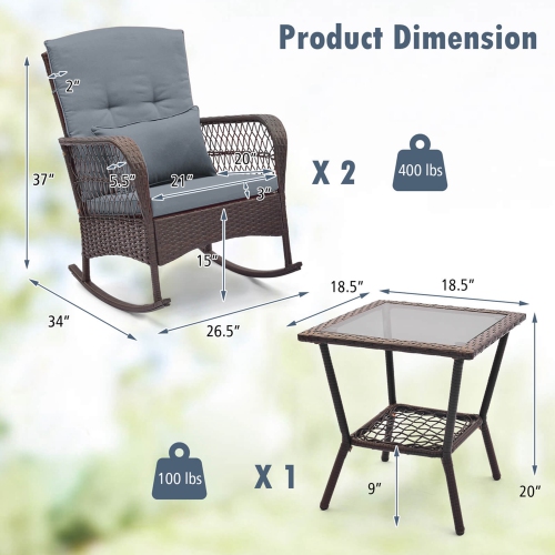 Ensemble patio 3 pièces avec chaises berçantes en osier et table basse double couche de Costway