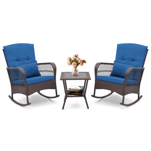 Costway 3 PCS Patio Rocker Set Outdoor Wicker Rocking Chairs with Double-Layer Coffee Table