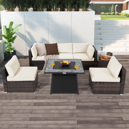 Costway 7 PCS Patio Furniture Set with 35" Propane Gas Fire Pit Table & Waterproof Cover