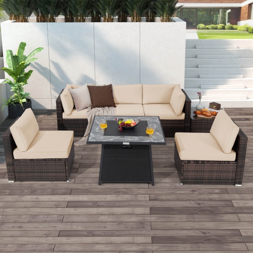 Costway 7 PCS Patio Furniture Set with 35" Propane Gas Fire Pit Table & Waterproof Cover
