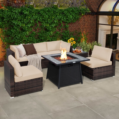Costway 7 PCS Patio Furniture Set with 35" Propane Gas Fire Pit Table & Waterproof Cover
