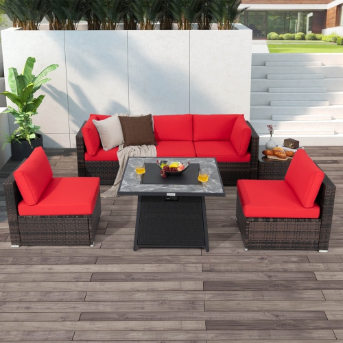 Costway 7 PCS Patio Furniture Set with 35" Propane Gas Fire Pit Table & Waterproof Cover