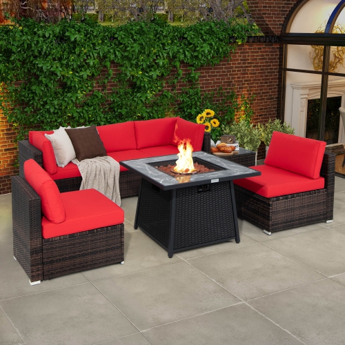 Costway 7 PCS Patio Furniture Set with 35" Propane Gas Fire Pit Table & Waterproof Cover
