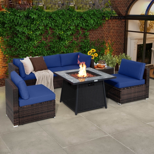 Costway 7 PCS Patio Furniture Set with 35" Propane Gas Fire Pit Table & Waterproof Cover