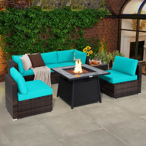 Costway 7 PCS Patio Furniture Set with 35" Propane Gas Fire Pit Table & Waterproof Cover