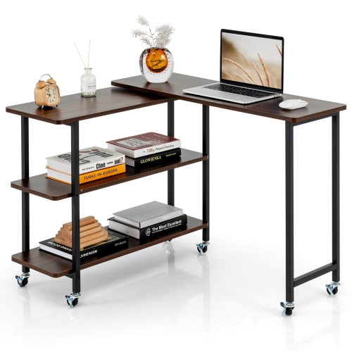 COSTWAY  360° Rotatable Sofa Side Table L-Shaped Laptop Desk Snack Table With Shelf Patented