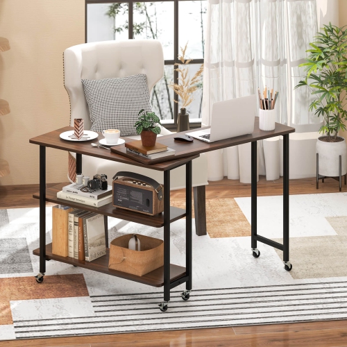 Costway 360° Rotatable Sofa Side Table L-shaped Laptop Desk Snack Table with Shelf Patented