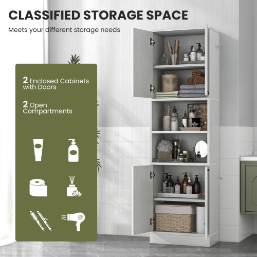 Costway 75" Tall Bathroom Storage Cabinet with 4 Doors & 2 Open Compartments Freestanding