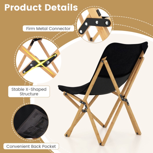 Costway Bamboo Butterfly Folding Chair Set of 2 with Storage Pocket 330 LBS Capacity