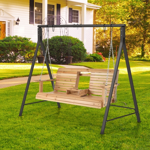 COSTWAY  Porch Swing Chair With Stand Cupholder & Adjustable Chains A-Shaped Metal Frame