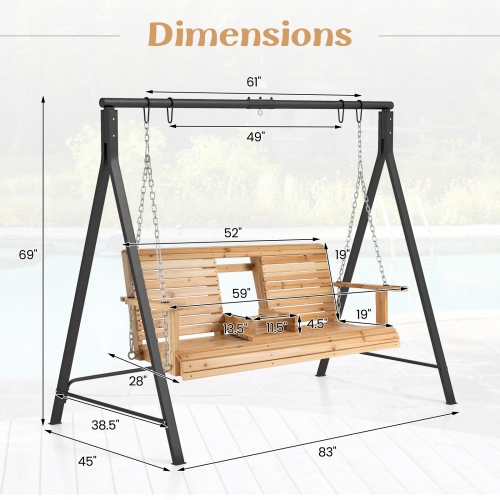 Costway Porch Swing Chair with Stand Cupholder & Adjustable Chains A-Shaped Metal Frame