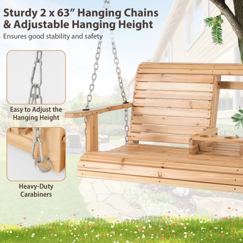 Costway Porch Swing Chair with Stand Cupholder & Adjustable Chains A-Shaped Metal Frame