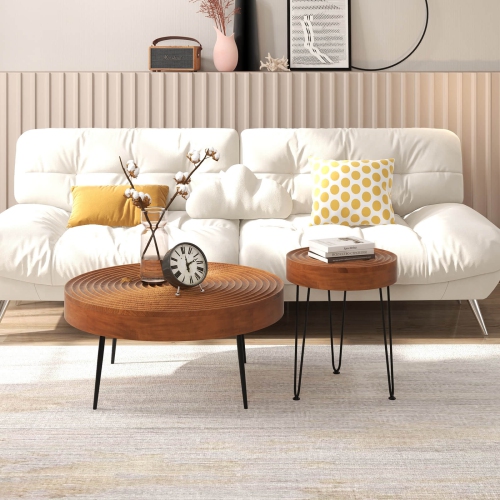 Costway Farmhouse Round CoffeeTable Set of 2 End Table Natural Finish for Living Room