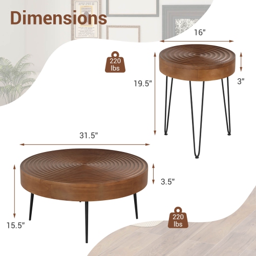 Costway Farmhouse Round CoffeeTable Set of 2 End Table Natural Finish for Living Room