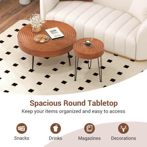 Costway Farmhouse Round CoffeeTable Set of 2 End Table Natural Finish for Living Room