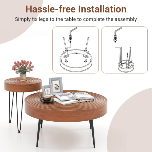 Costway Farmhouse Round CoffeeTable Set of 2 End Table Natural Finish for Living Room