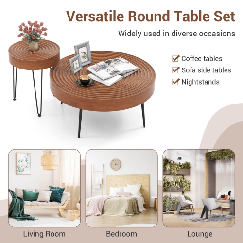 Costway Farmhouse Round CoffeeTable Set of 2 End Table Natural Finish for Living Room