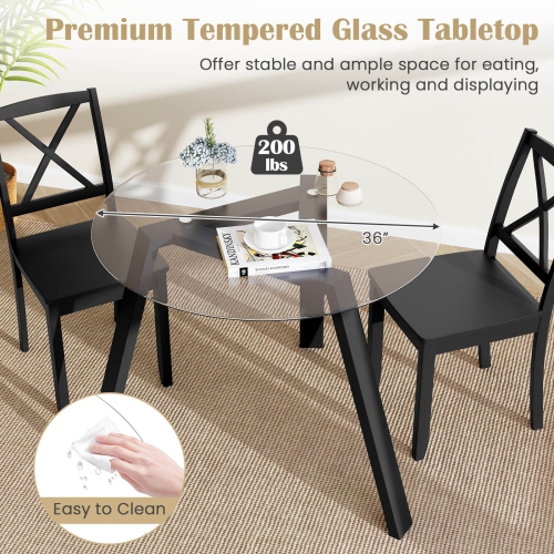 Costway 36" Round Glass Dining Table for 4 with Tempered Glass Tabletop Rubber Wood Frame