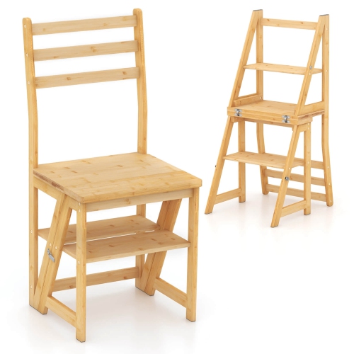 Costway 3-Step Folding Step Ladder Chair with Bamboo Frame Convertible Ladder Stool