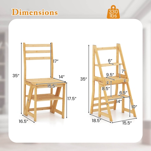 Costway 3-Step Folding Step Ladder Chair with Bamboo Frame Convertible Ladder Stool