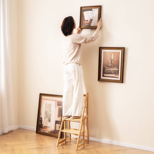 Costway 3-Step Folding Step Ladder Chair with Bamboo Frame Convertible Ladder Stool