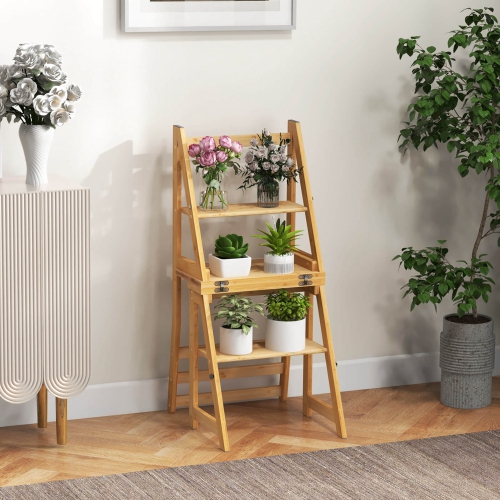 Costway 3-Step Folding Step Ladder Chair with Bamboo Frame Convertible Ladder Stool