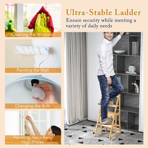 Costway 3-Step Folding Step Ladder Chair with Bamboo Frame Convertible Ladder Stool