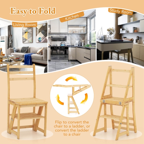 Costway 3-Step Folding Step Ladder Chair with Bamboo Frame Convertible Ladder Stool